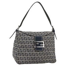 FENDI Mamma Baguette Zucchino Canvas Shoulder Bag Navy Silver