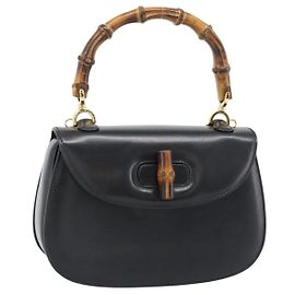GUCCI Bamboo Hand Bag Leather 2way Black Gold 000 2046 0188