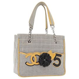 CHANEL Choco Bar Chain Shoulder Bag Canvas Gray Silver CC