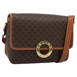 Céline CELINE Bolsa de Ombro Circular em Lona Macadam PVC Couro Castanho Dourado