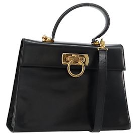 Salvatore Ferragamo Gancini Hand Bag Leather 2way Black Gold