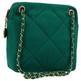 CHANEL Sac à épaule Matelassé à chaîne Coton Vert Or CC