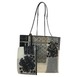 CHANEL Patchwork Tote Bag rubber Black Silver CC