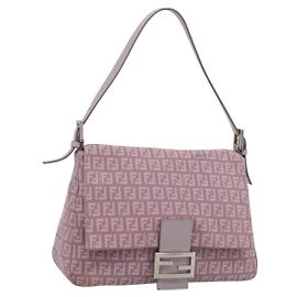 FENDI Zucchino Canvas Mamma Baguette Shoulder Bag Pink Silver