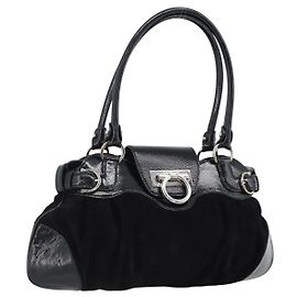 Salvatore Ferragamo Gancini Hand Bag Suede Black Silver