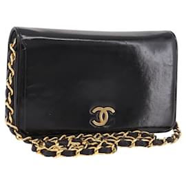CHANEL Chain Shoulder Bag Patent Black Gold CC