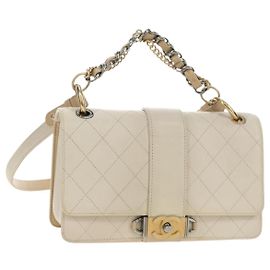 CHANEL Matelasse Shoulder Bag Leather 2way Ivory Gold Silver CC