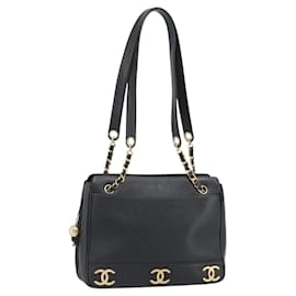 CHANEL Triple Coco Chain Shoulder Bag Caviar Skin Black Gold CC