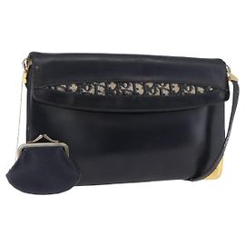 Christian Dior Shoulder Bag Leather Navy Gold