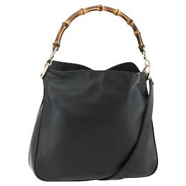 GUCCI Bamboo Hand Bag Leather 2way Black Gold 001 2123 1638