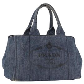 PRADA Canapa M Hand Bag Denim Blue Gold
