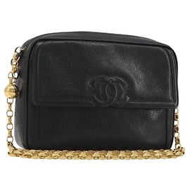 CHANEL Chain Shoulder Bag Caviar Skin Black Gold CC