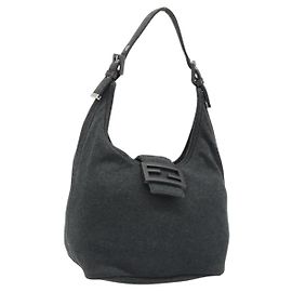 FENDI Mamma Baguette Hand Bag cotton Gray Silver