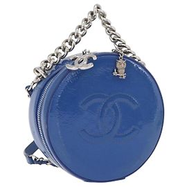 CHANEL Matelasse Chain Shoulder Bag Patent leather Blue Silver CC