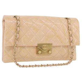 CHANEL Matelasse Chain Shoulder Bag Patent leather Beige Gold CC