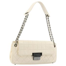 CHANEL Choco Bar Chain Shoulder Bag Lamb Skin White Silver CC