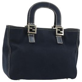 FENDI Hand Bag Canvas Navy Silver