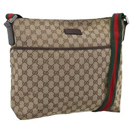 GUCCI GG Canvas Web Sherry Line Shoulder Bag Beige Silver 189751