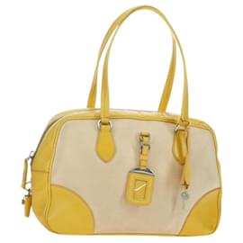 PRADA Hand Bag Canvas Leather Beige Yellow Silver