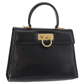 Salvatore Ferragamo Gancini Hand Bag Leather Black Gold