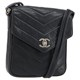 CHANEL Bolso de Hombro V Stitch Lamb Skin Navy Gold CC