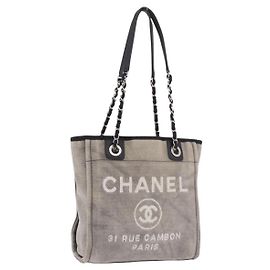 CHANEL Deauville Line Chain Tote Bag Canvas Gray Silver CC