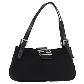Borsa a tracolla FENDI Mamma Baguette in jersey di cotone, nera e argento, autentica 186336