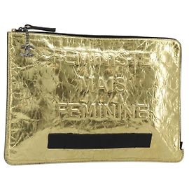CHANEL Clutch Bag Leather Gold Tone Silver CC