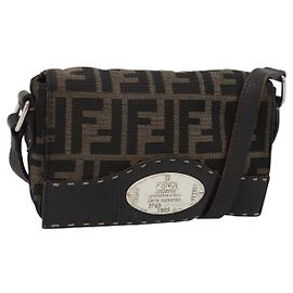 FENDI Zucca Canvas Shoulder Bag Black Brown Silver