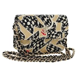 CHANEL Mini Matelasse Chain Shoulder Pouch Satin Beige Silver CC