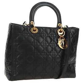 Christian Dior Canage Hand Bag Lamb Skin Black Gold