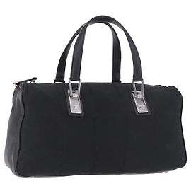 CHANEL Choco Bar Hand Bag Nylon Black Silver CC