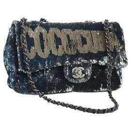 CHANEL Coco Cuba Chain Shoulder Bag Sequin Blue Silver CC