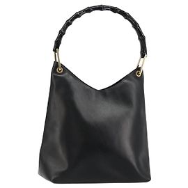 GUCCI Bolso de Hombro Bamboo Cuero Negro Oro 001 3007 3754