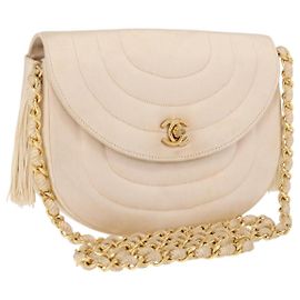 CHANEL Chain Shoulder Bag Satin Champagne Gold Gold CC