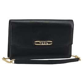 GUCCI Chain Shoulder Bag Leather Black Gold