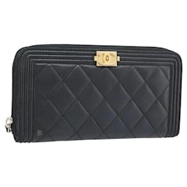 CHANEL Boy Chanel Long Wallet Lamb Skin Black Gold CC
