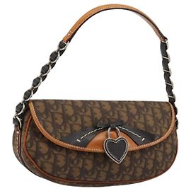 Christian Dior Trotter Canvas Romantic Bag PVC Brown Silver