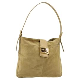 FENDI Mamma Baguette Shoulder Bag Suede Beige Gold