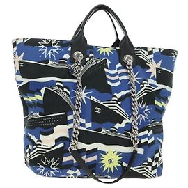CHANEL La Pauza Hand Bag Canvas Leather 2way Blue Silver CC