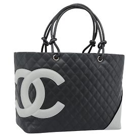 CHANEL Cambon Line Matelasse Tote Bag Leather Black Silver CC