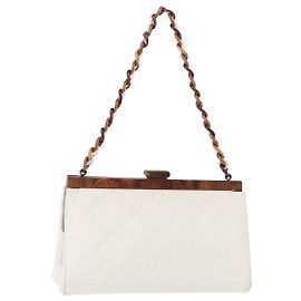 CHANEL Wood Chain Shoulder Bag Lamb Skin White Gold CC