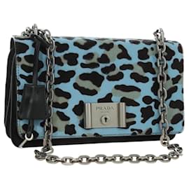PRADA Chain Shoulder Bag Unborn Calf Skin Light Blue Silver