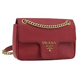 PRADA Chain Shoulder Bag Safiano Leather Red Gold