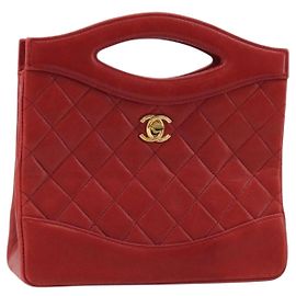 CHANEL Matelasse Hand Bag Lamb Skin Red Gold CC