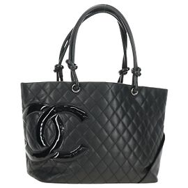 CHANEL Cambon Line Matelasse Tote Bag Leather Black Silver CC