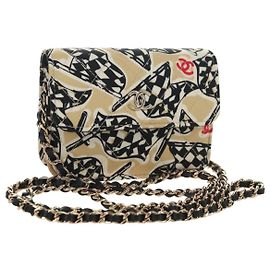 CHANEL Matelasse Chain Shoulder Pouch Nylon Beige Gold CC