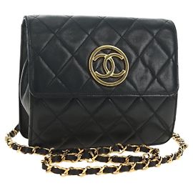 CHANEL Matelasse Chain Shoulder Bag Lamb Skin Black Gold CC