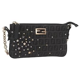 FENDI Zucchino Canvas Chain Shoulder Bag Black Gold