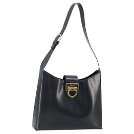 Salvatore Ferragamo Gancini Shoulder Bag Leather Navy Gold